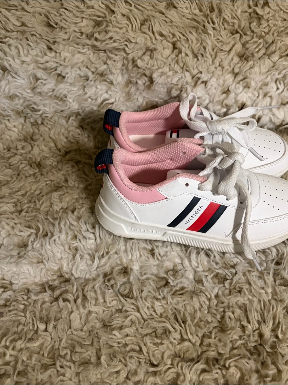 Tommy Hilfiger Kids White Sneakers with Pink Collar and Navy/Red Stripes